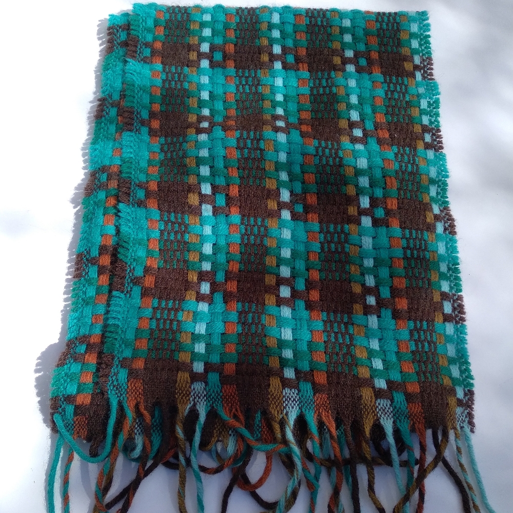 Echo woven fringed scarf earth tone/ teal made in Italy